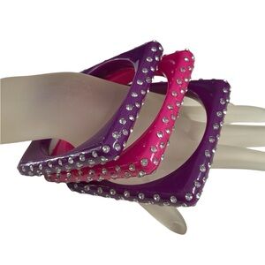 Rhinestones Square Plastic Bangle Bracelets Purple & Pink 3 Piece Lot Vintage